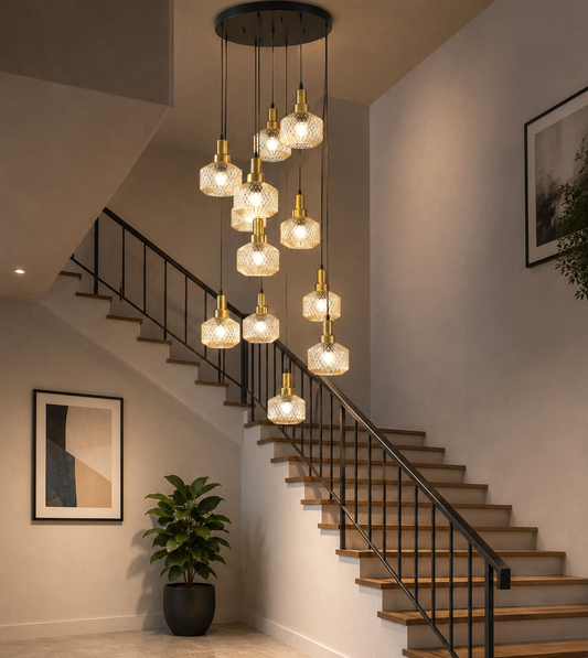HDC Modern Double Height Crystal Glass Chandelier for Staircase, Duplex & Lobby