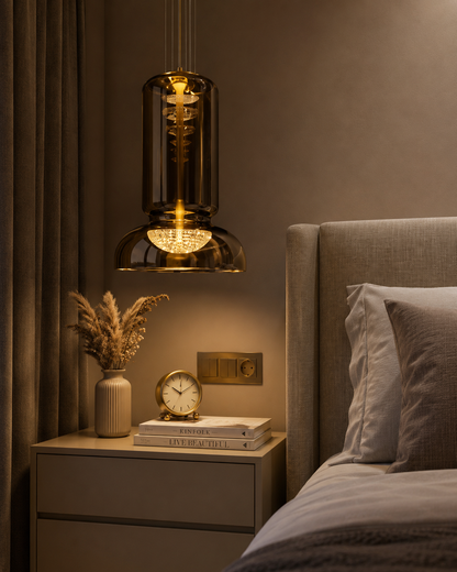HDC Modern Amber Glass Hanging Pendant Light for Bedroom, Bedside & Living Room