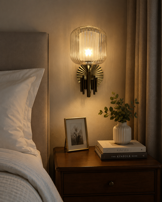 Ojaro Modern Vintage Ribbed Glass Wall Light for Bedroom, Living Room & Hallway