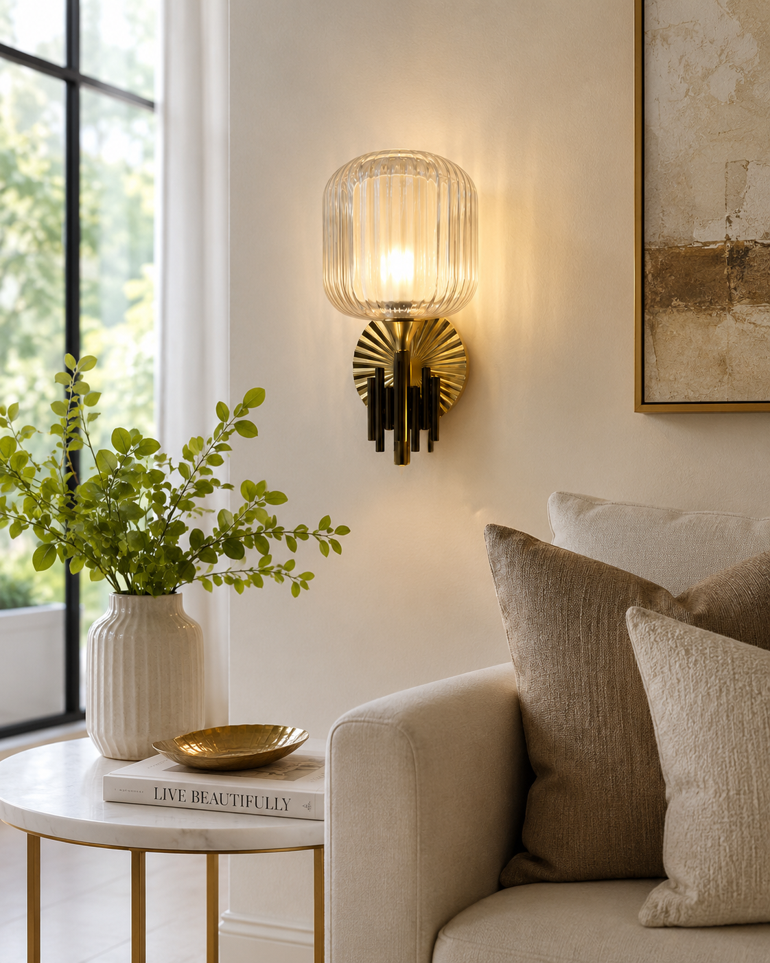 Ojaro Modern Vintage Ribbed Glass Wall Light for Bedroom, Living Room & Hallway