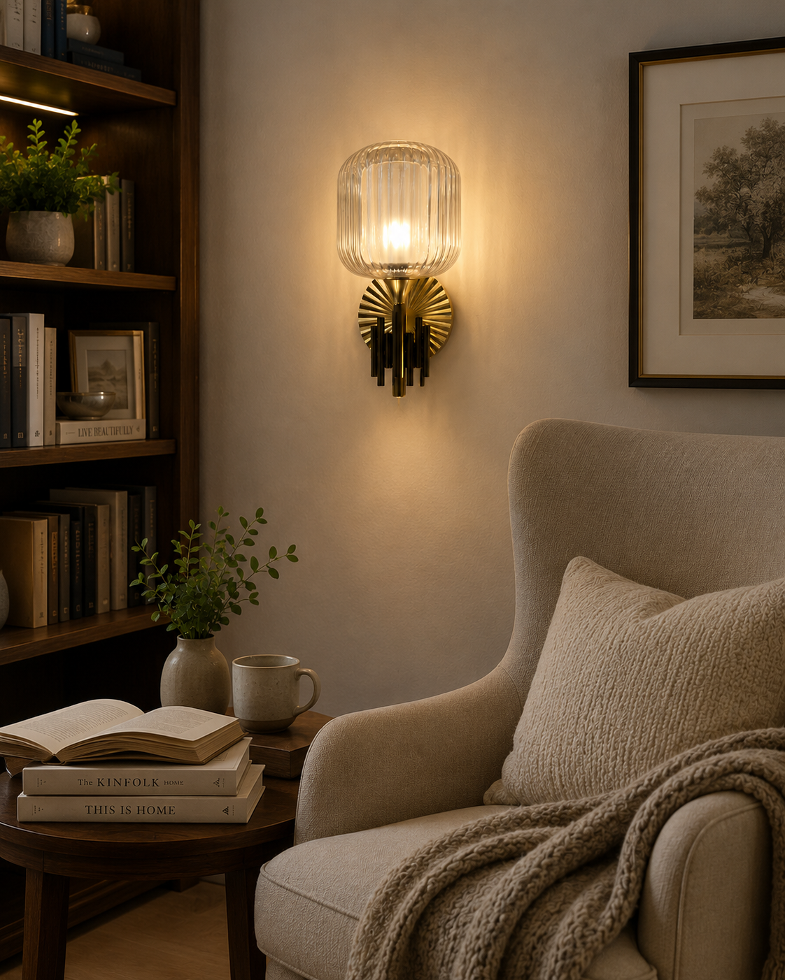 Ojaro Modern Vintage Ribbed Glass Wall Light for Bedroom, Living Room & Hallway
