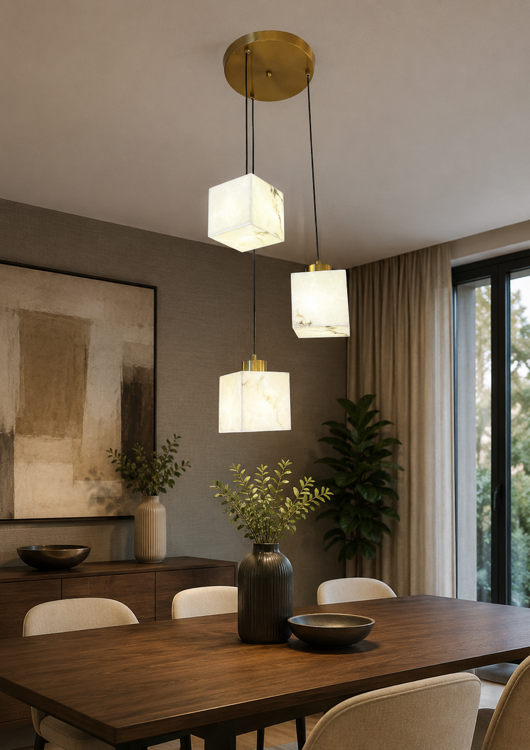 HDC Modern Marble Cube Triple Pendant Hanging Light for Living Room, Dining Area & Staircase