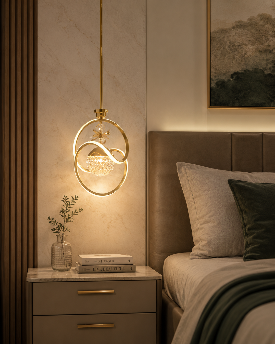 HDC Modern Gold Ring Crystal Pendant Light for Living Room, Bedroom & Dining Area