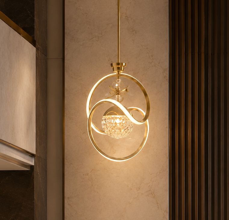 HDC Modern Gold Ring Crystal Pendant Light for Living Room, Bedroom & Dining Area