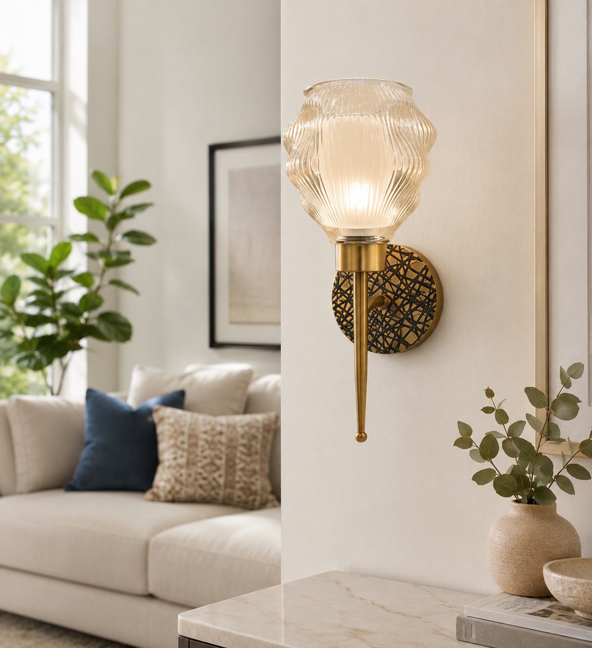 Ojaro Modern Ribbed Glass Wall Light for Bedroom, Living Room & Hallway