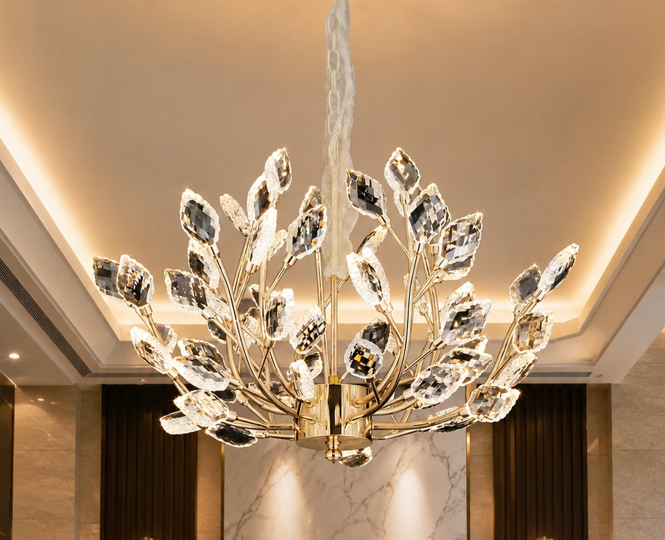 HDC 600mm Luxury Crystal Leaf LED Chandelier for Bedroom, Living Room