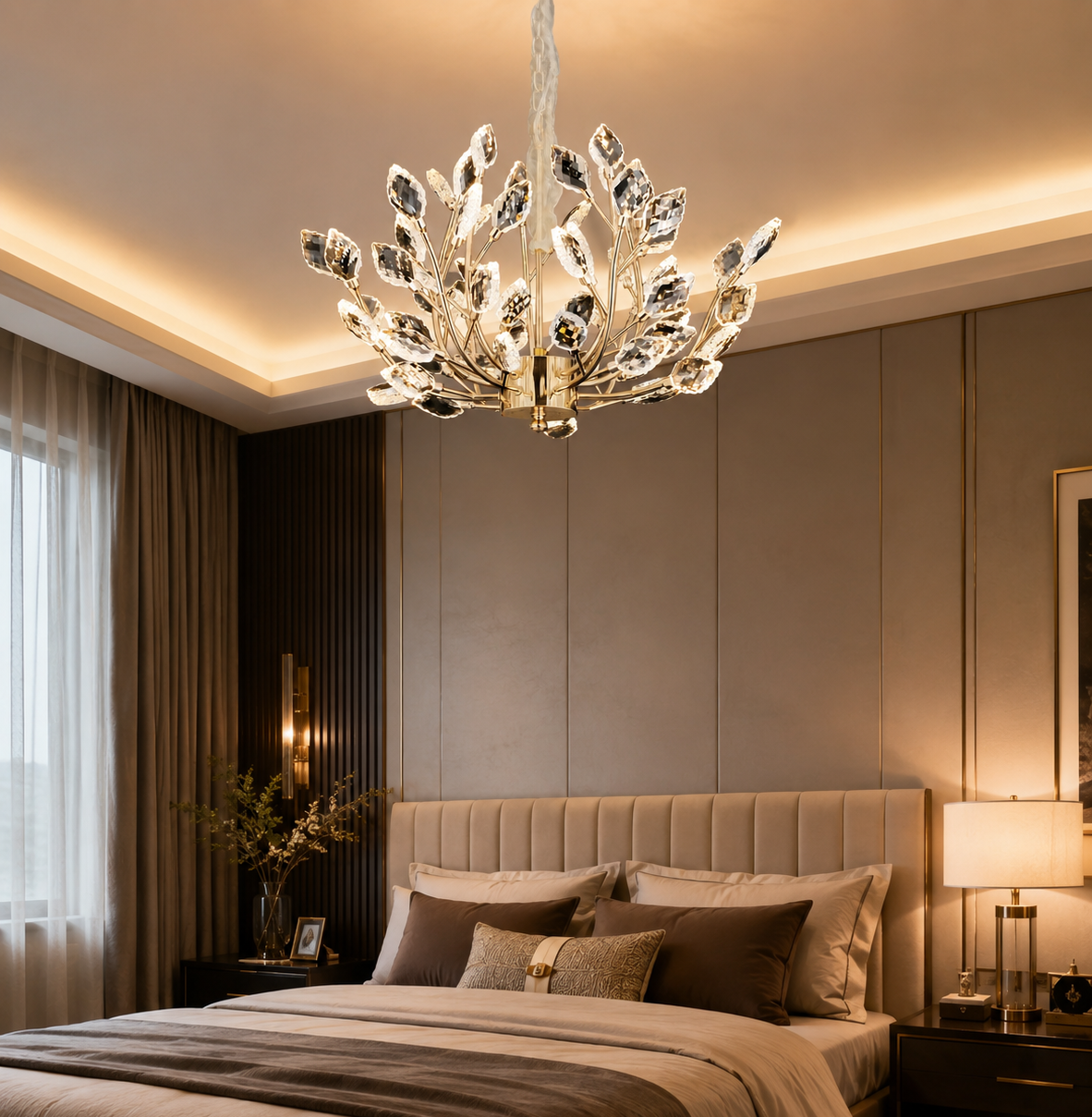 HDC 600mm Luxury Crystal Leaf LED Chandelier for Bedroom, Living Room