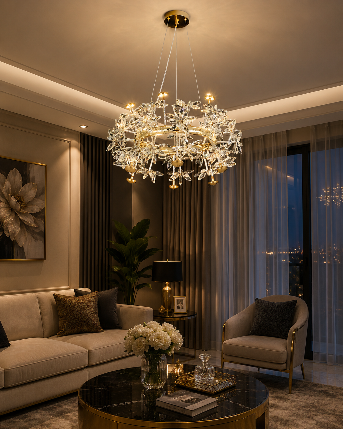 HDC 600mm Floral Crystal Ring Chandelier for Bedroom, Living Room