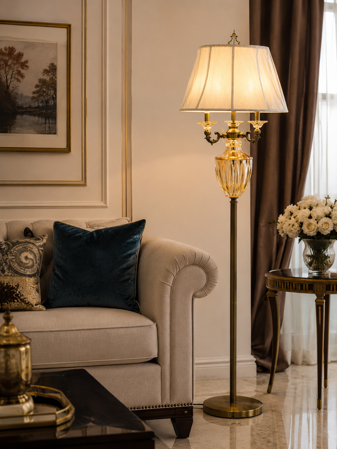 HDC Luxury Crystal Glass Floor Lamp with Fabric Shade for Living Room & Bedroom