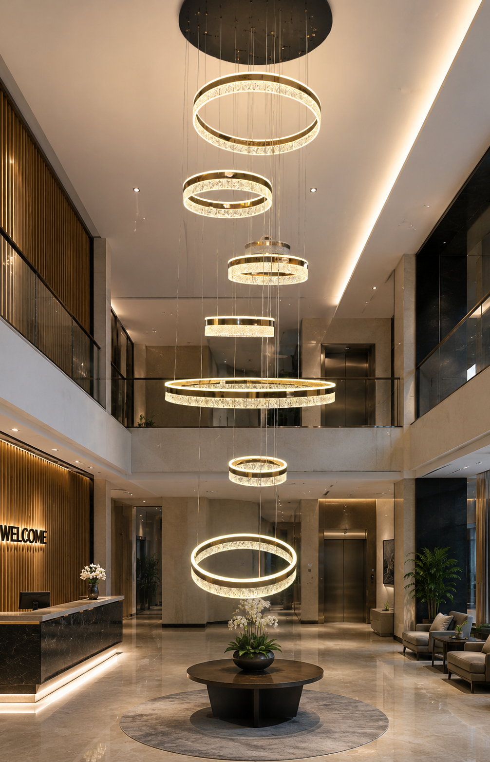 HDC Luxury 7 Light Crystal Ring Multi-Layer Chandelier for Double Height Ceiling