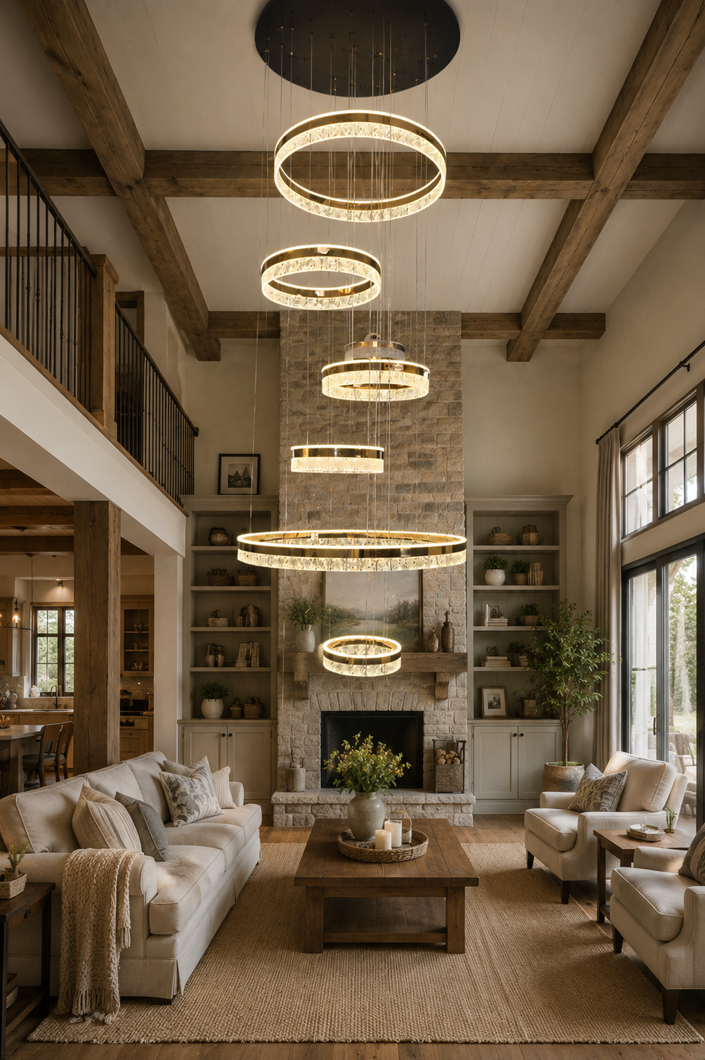 HDC Luxury 7 Light Crystal Ring Multi-Layer Chandelier for Double Height Ceiling