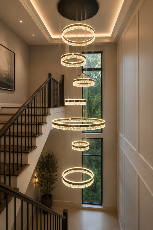 HDC Luxury 7 Light Crystal Ring Multi-Layer Chandelier for Double Height Ceiling