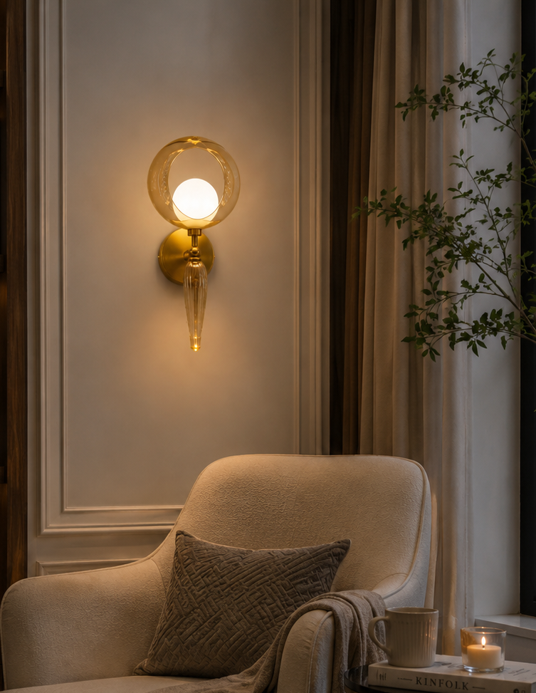 HDC Modern Amber Glass Wall Light for Living Room, Bedroom & Luxury Interiors