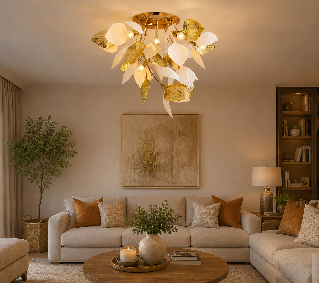HDC Luxury Golden & White Leaf Ceiling Chandelier