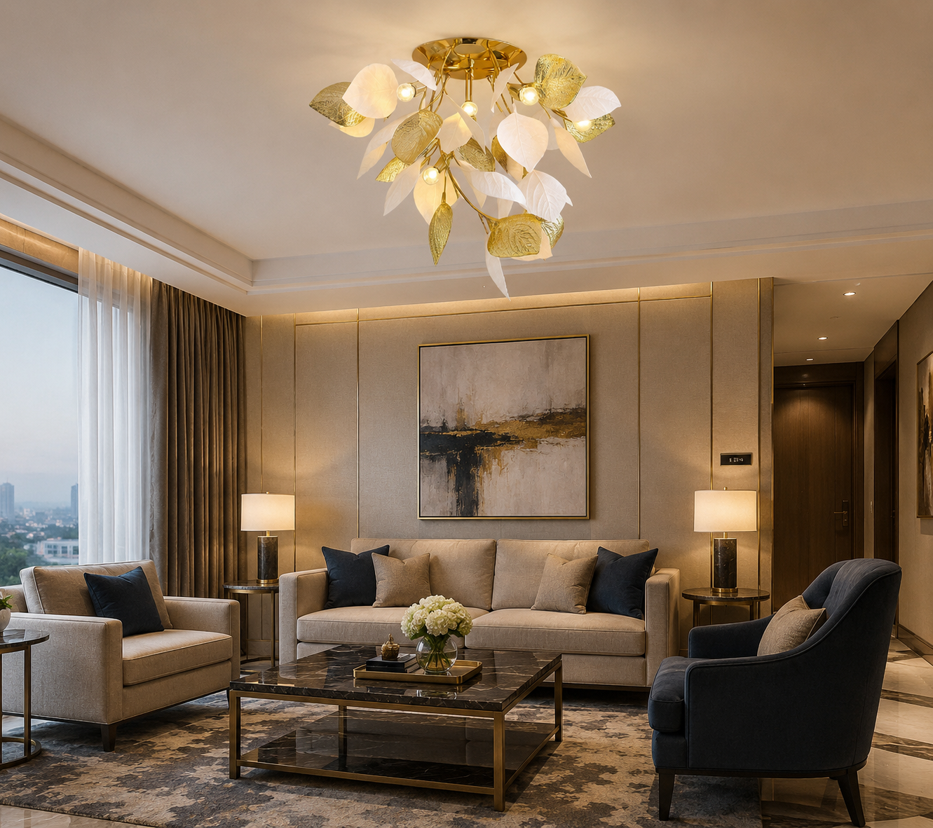 HDC Luxury Golden & White Leaf Ceiling Chandelier