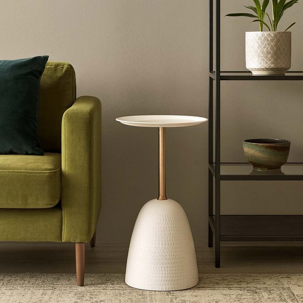 HDC Metal Side Table Tray, Small Accent Table Nightstand for Bedside Or Sofa, Round Bar Table Coffee Table for Living Room, Bedroom, Home, Office (Color : WHITE)