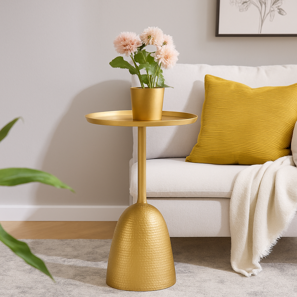 HDC Metal Side Table Tray, Small Accent Table Nightstand for Bedside Or Sofa, Round Bar Table Coffee Table for Living Room, Bedroom, Home, Office (Color : GOLDEN)