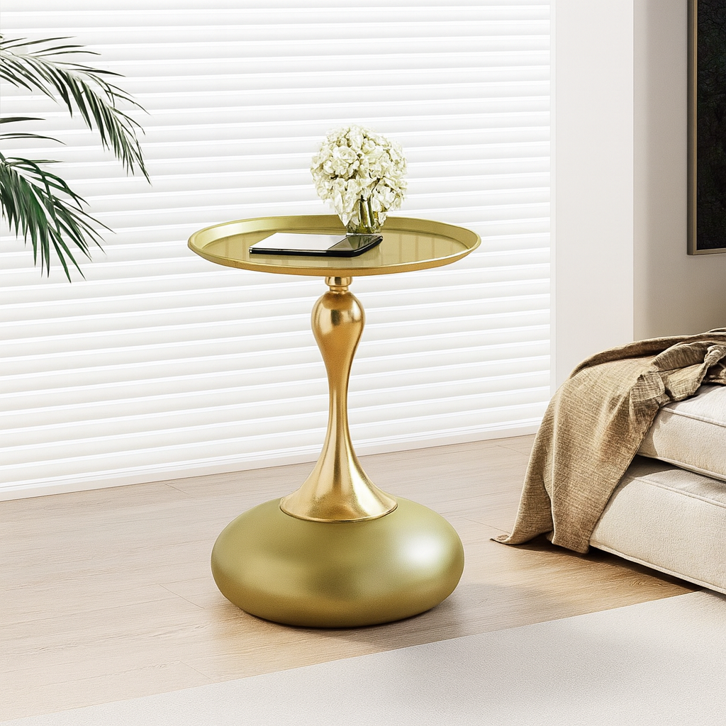 HDC Metal Side Table Tray, Small Accent Table Nightstand for Bedside Or Sofa, Round Bar Table Coffee Table for Living Room, Bedroom, Home, Office (Color : Champagne Gold)