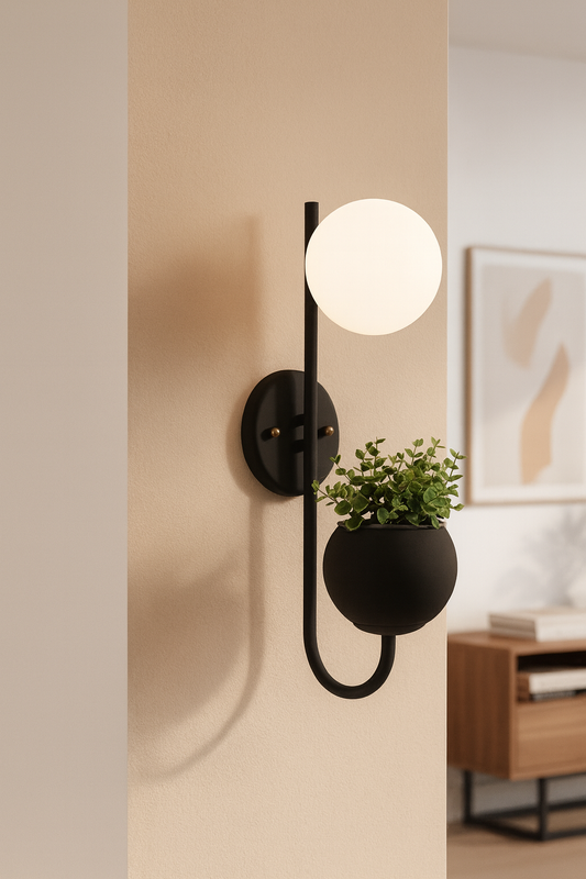 HDC Black Modern Wall Light with Glass Globe Shade LED Wall Lamp with Planter Pot For Living Room, Balcony