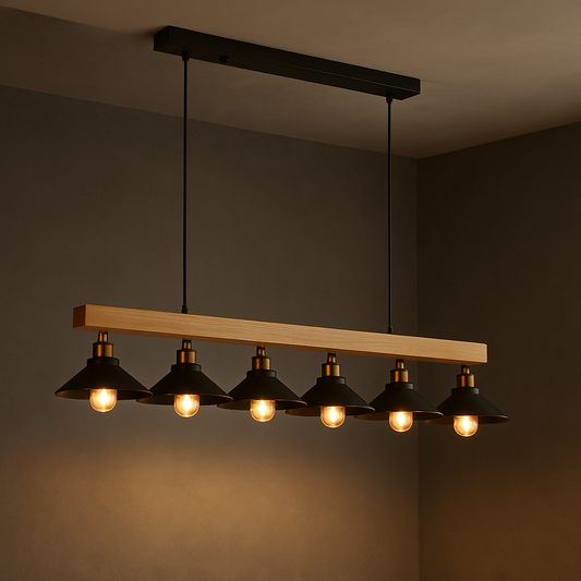 HDC Artisan Vintage 6-Light Black Wooden Linear Pendant Chandelier Light