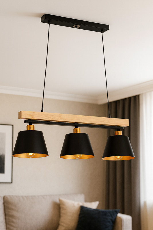 HDC Black Metal Wooden Nordic Noir 3-Light Linear Pendant Chandelier Light