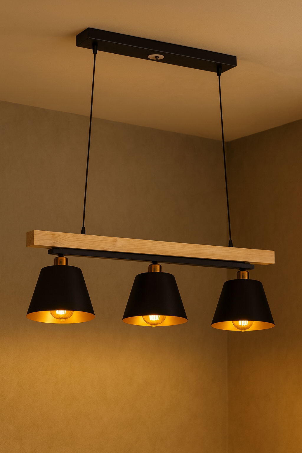 HDC Black Metal Wooden Nordic Noir 3-Light Linear Pendant Chandelier Light