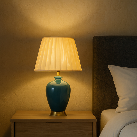Hdc Aqua Ceramic Nightstand Lamp With High-quality Fabric Lampshade