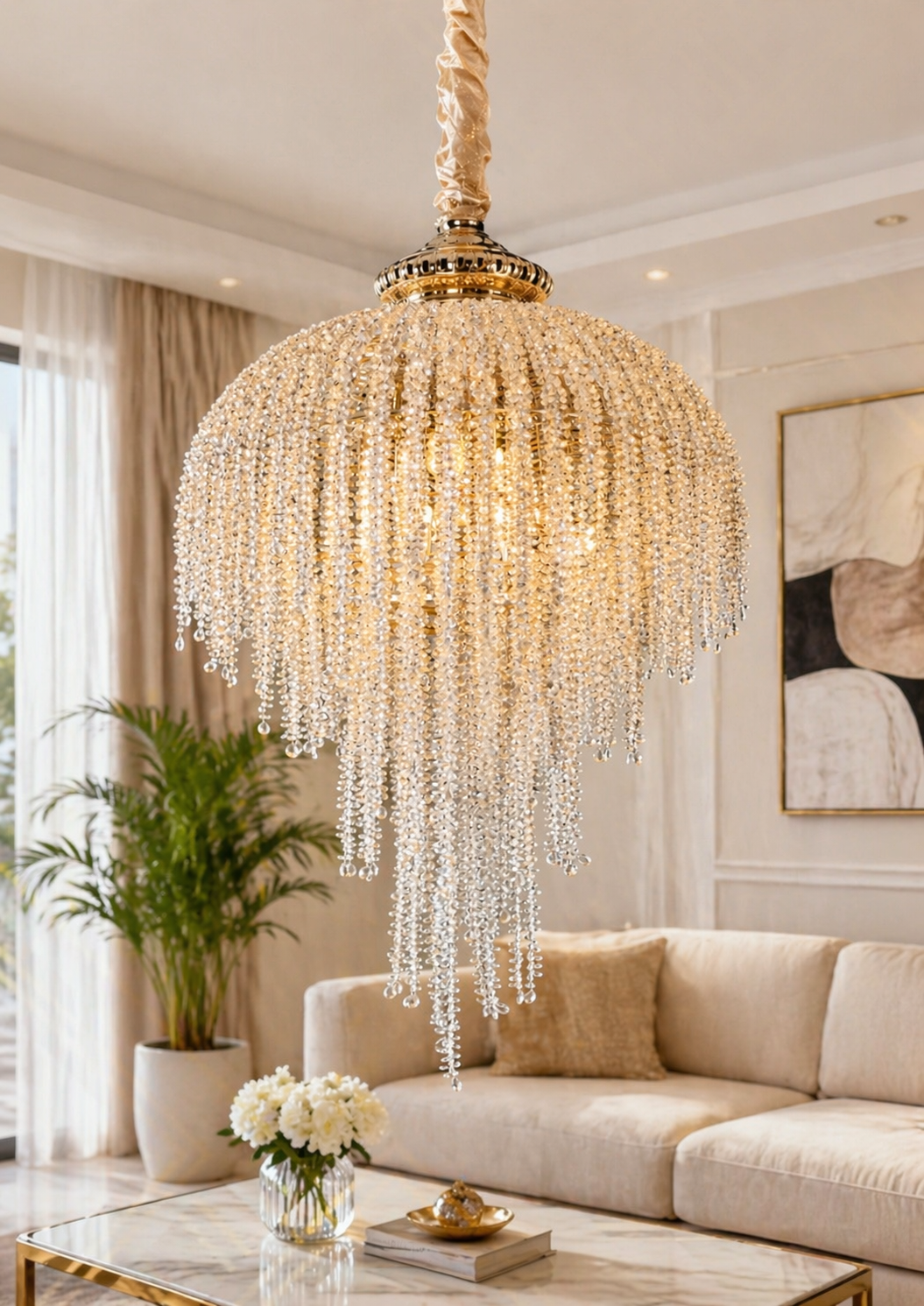 HDC Gold 600mm Luxury Crystal Cascade Chandelier for Bedroom, Lobby
