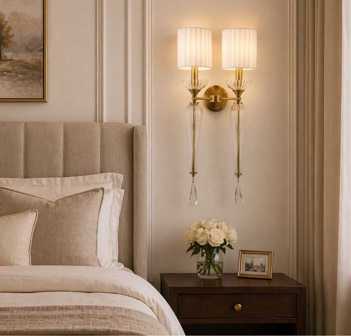 Hdc Antique Vintage Fabric Shade Electroplated Wall Light - Warm White