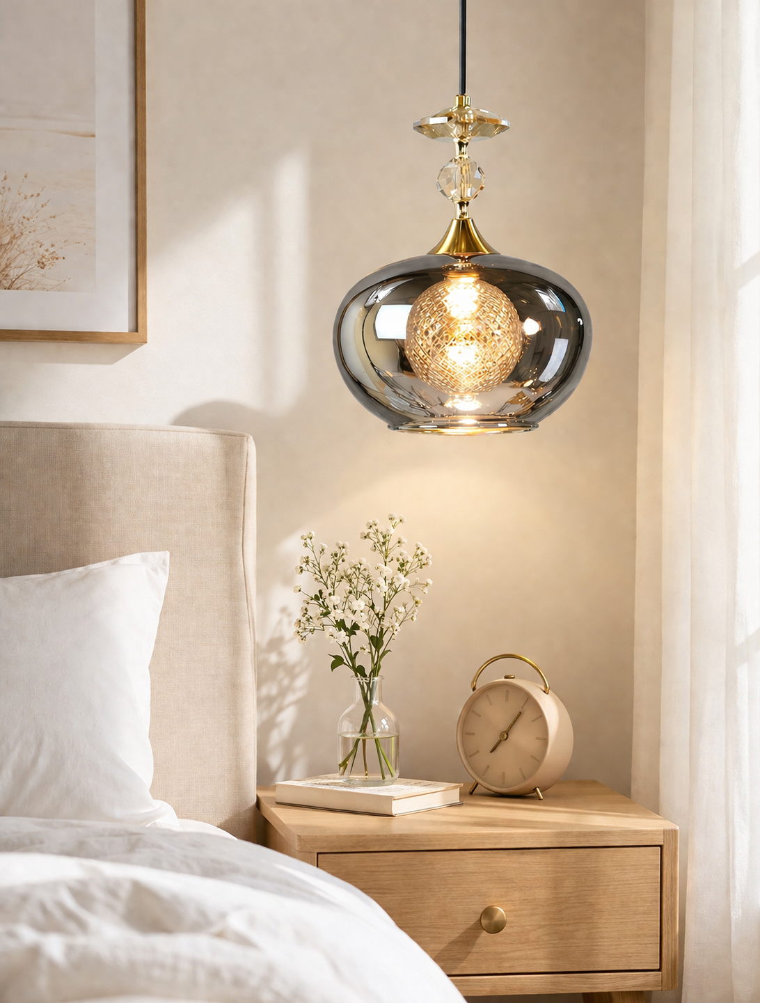 HDC Modern Amber/Smoke Glass Hanging Pendant Light for Bedroom, Living Room