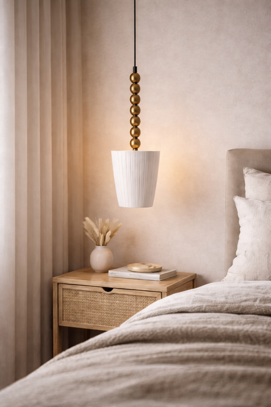HDC Modern Gold Beaded Pendant Light with White Fluted Shade for Dining, Kitchen & Living Spaces