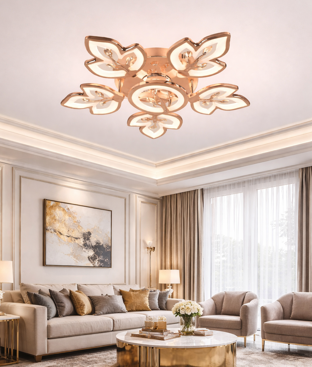 HDC FGD & RGD Finish 5+1 Ring Crystal LED Ceiling Chandelier Light for Living Room