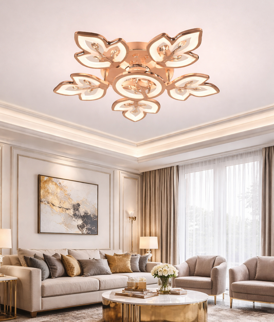 HDC FGD & RGD Finish 5+1 Ring Crystal LED Ceiling Chandelier Light for Living Room