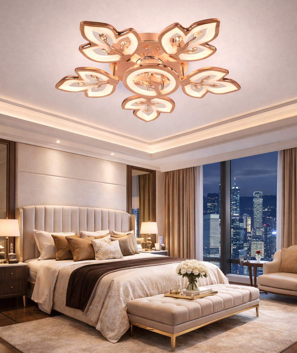 HDC FGD & RGD Finish 5+1 Ring Crystal LED Ceiling Chandelier Light for Living Room