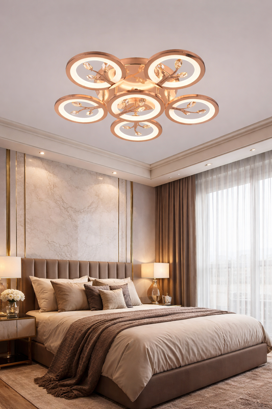 HDC FGD & RGD Finish 5+1 Ring Crystal LED Ceiling Chandelier Light for Living Room