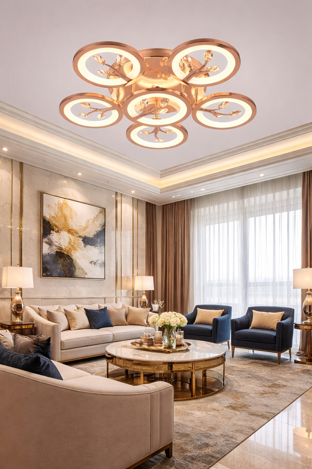 HDC FGD & RGD Finish 5+1 Ring Crystal LED Ceiling Chandelier Light for Living Room