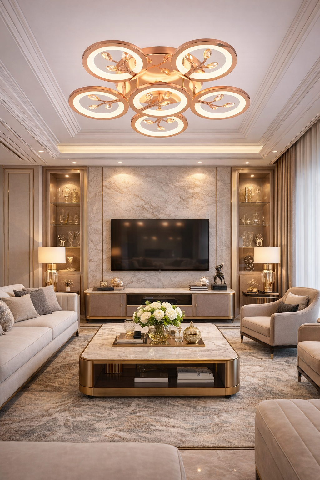 HDC FGD & RGD Finish 5+1 Ring Crystal LED Ceiling Chandelier Light for Living Room