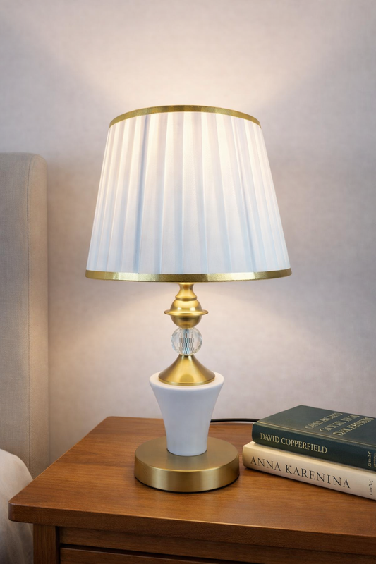 HDC Black & White Table Lamp with Gold Finish Base – Premium Bedside & Living Room Decorative Lamp