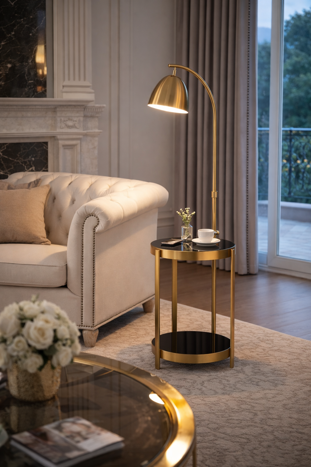 HDC Luxury Gold Floor Lamp with Side Table & Wireless Charging For Living Room