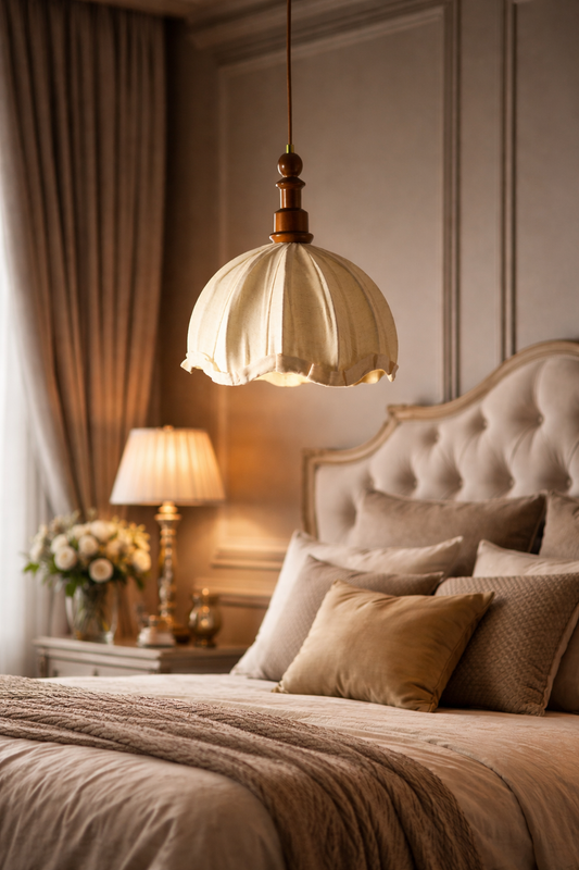 HDC Luxury Vintage Fabric Dome Pendant Light – E27 Hanging Ceiling Lamp for Bedroom & Dining Area