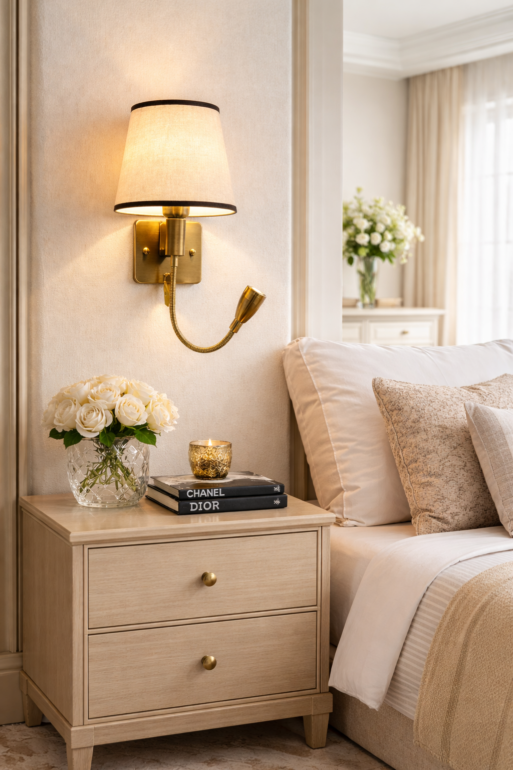 HDC Luxury Fabric Shade Wall Light with Reading Spot for Bedroom