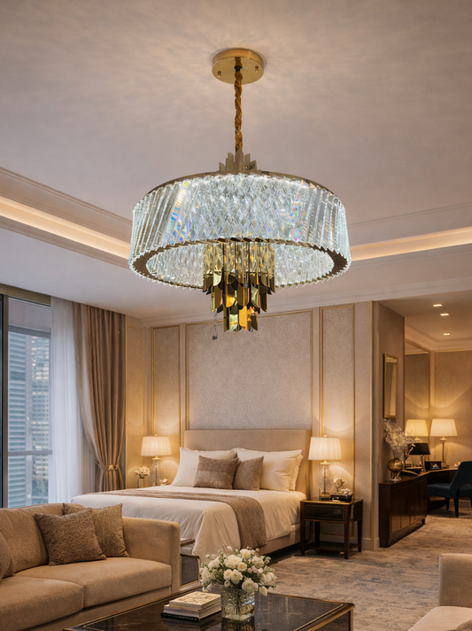 HDC Luxury Crystal Ring Chandelier with Gold Accent Drops for Living Room