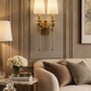 Hdc Antique Metal Wall Light Double Sided Electroplated Brushed Brass Fabric Shade - Warm White