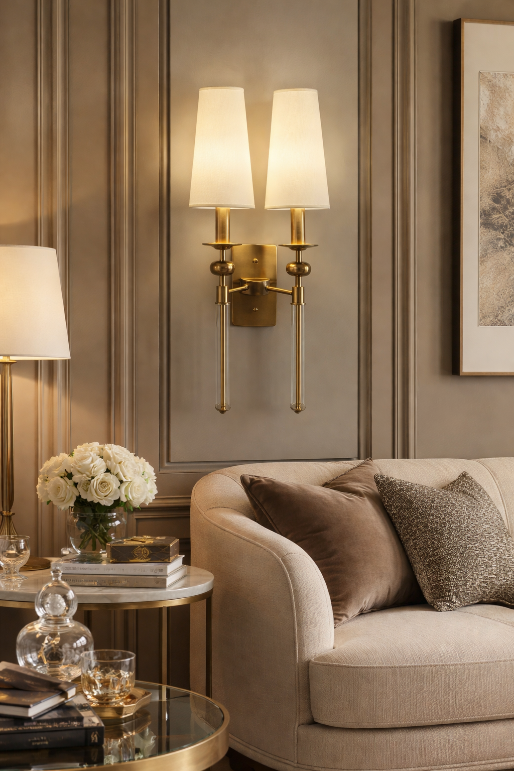 Hdc Antique Metal Wall Light Double Sided Electroplated Brushed Brass Fabric Shade - Warm White