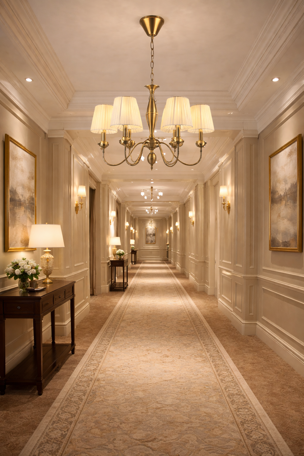 HDC Luxury Gold Finish Chandelier with Fabric Shades for Living & Dining Spaces