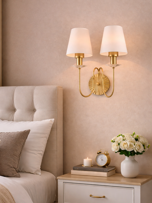 HDC Luxury Gold Fabric Lampshades Wall Light with for Bedroom, Living Room & Hotel Décor