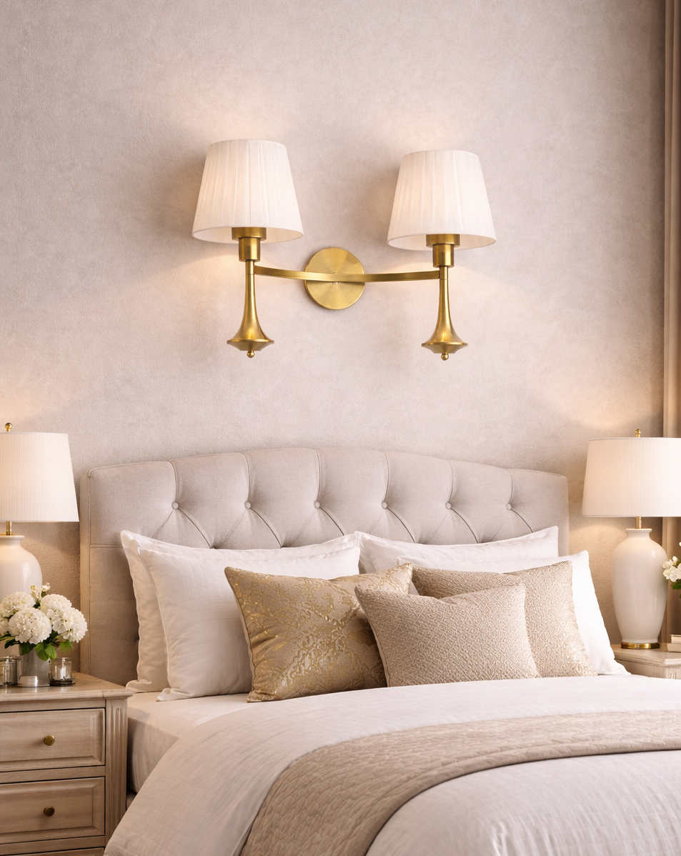 HDC Luxury Gold Finish Wall Light with Fabric Shade for Bedroom, Living Room & Hotel Décor