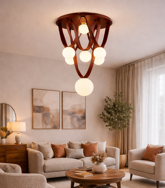 HDC Luxury Contemporary Ceiling Light with Leather-Finish Loops & Frosted Globe Glass Shades