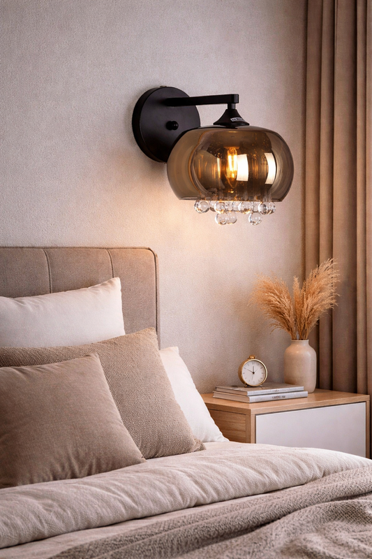 HDC Modern Amber/Smoke Glass Wall Light with Crystal Droplets For Living Room