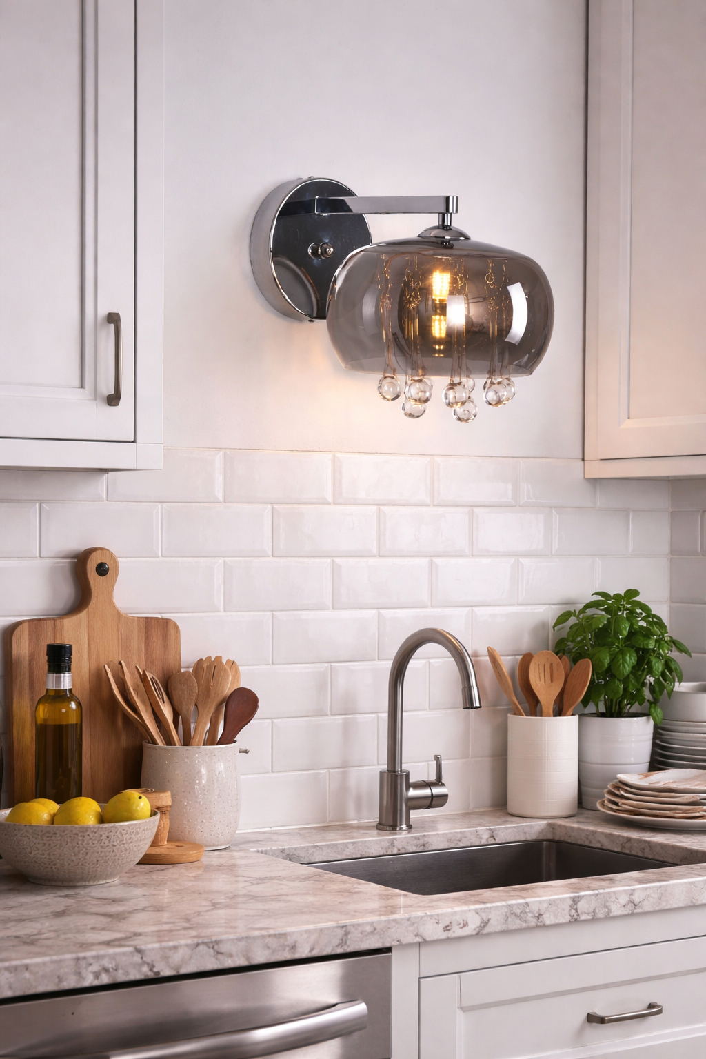 HDC Modern Amber/Smoke Glass Wall Light with Crystal Droplets For Living Room